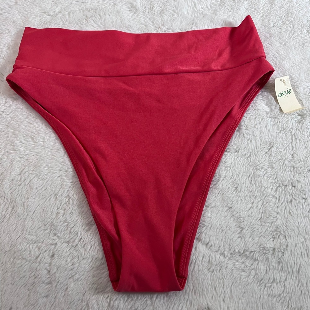 Aerie High Cut Cheeky Bikini Bottoms Red High Waisted Swim Small 2343-690 NEW
